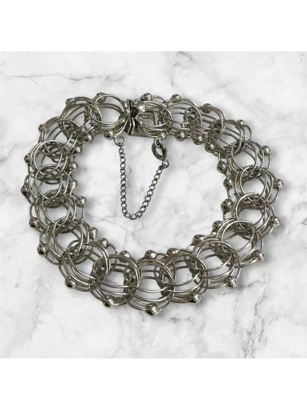 Vintage Rare Sterling Silver Chain Mail Bold Statement Bracelet Safety Chain